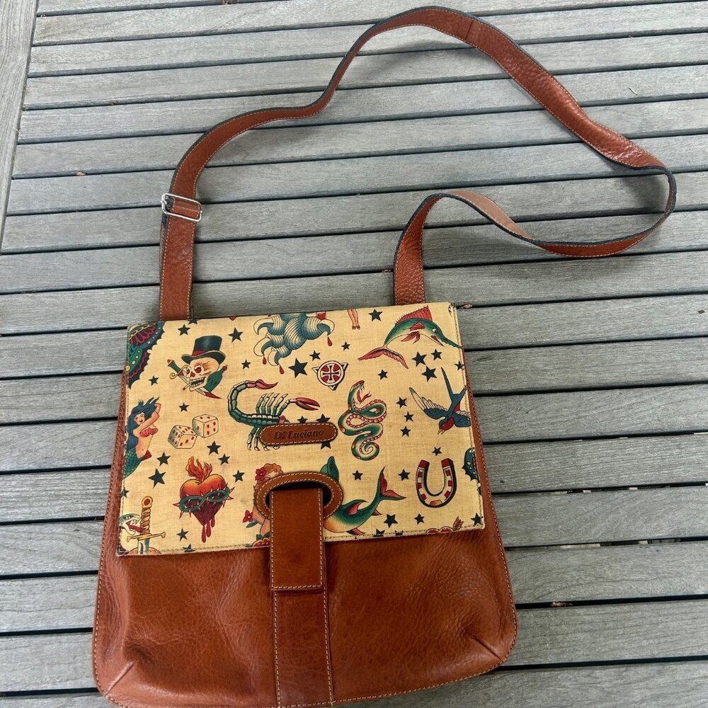 D'Luciano Leather and Canvas Graphic Snake Skull Heart Mermaid Crossbody Purse - Picture 4 of 9